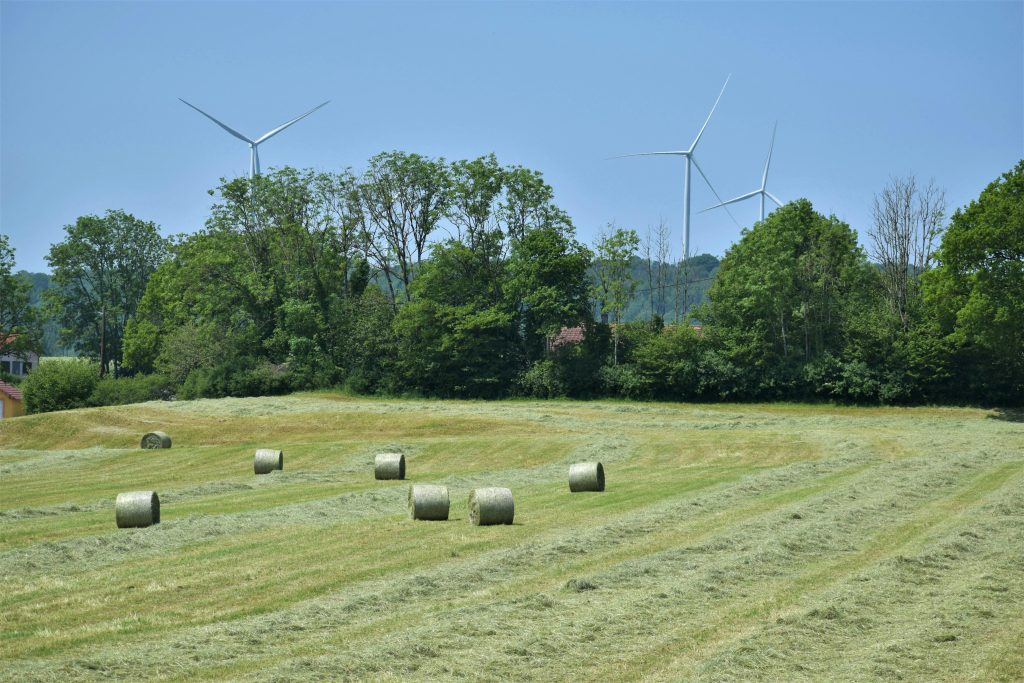 A wind turbine in a green landscape, symbolizing clean energy.