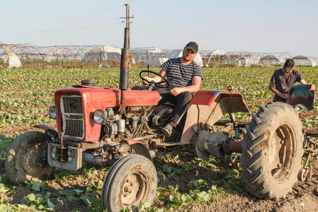 A farmer working alongside an automated machine in a field, showcasing the integration of human labor and robotics in farming