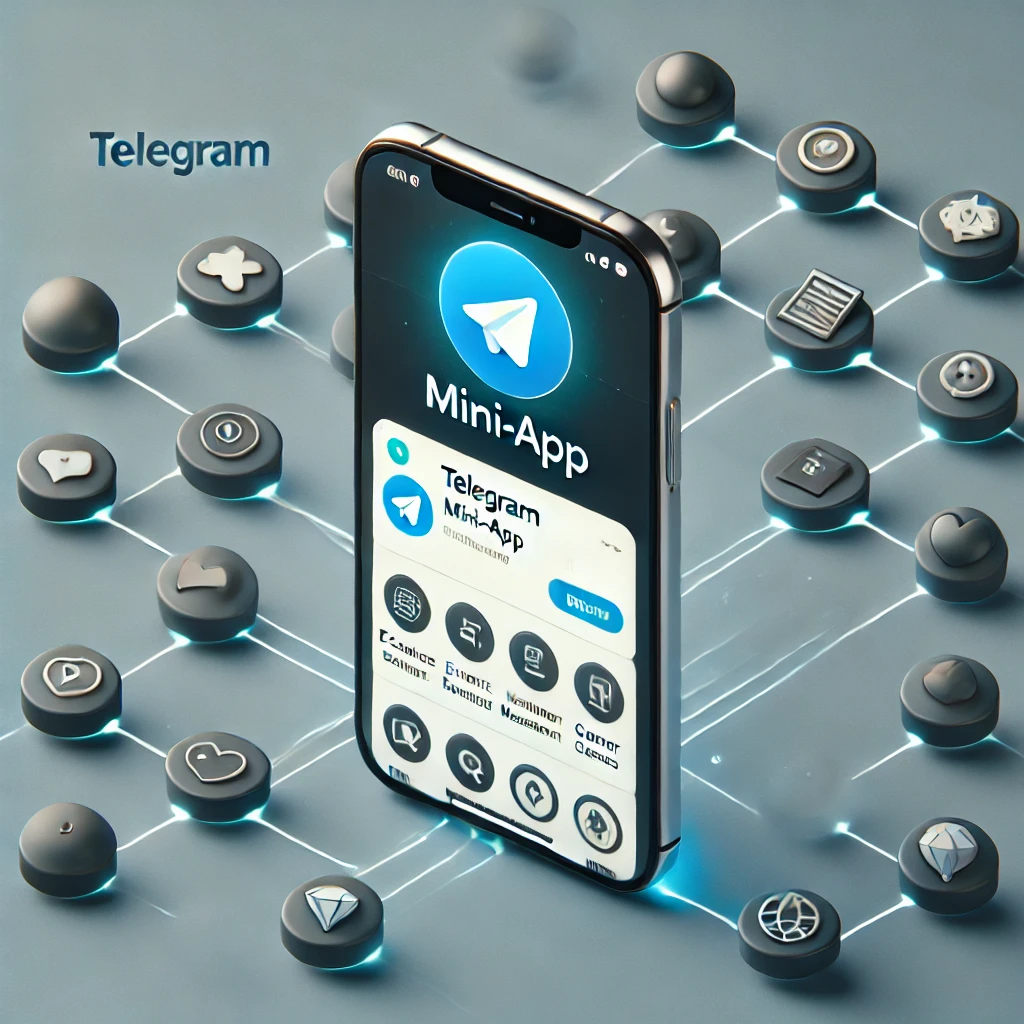 An example of a Telegram mini-app on a smartphone screen that showcases user interface features for games, customer service, event planning, and e-commerce that are lightweight and fluid.