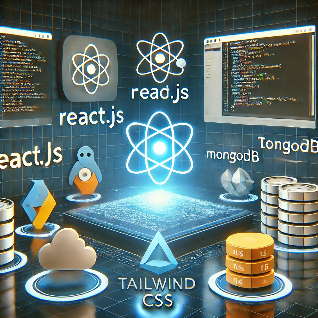 An illustration of a futuristic workspace with web development technology stacks, such as React.js, Node.js, MongoDB, Tailwind CSS, and AWS, centered around a digital interface